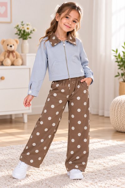 SERPİL Girls' Polka Dot 2-Piece Set – Zipper Jacket and Wide-Leg Pants