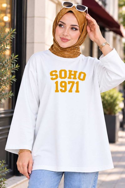 aymiraa Women's Modest Oversized Printed Tunic—Navy Blue with Yellow Letterin...