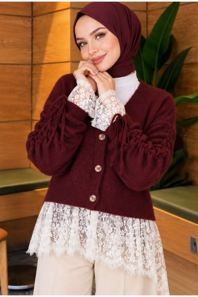 DAMGA Collection Lace-Trimmed Long-Sleeve Ruched Knit Cardigan
