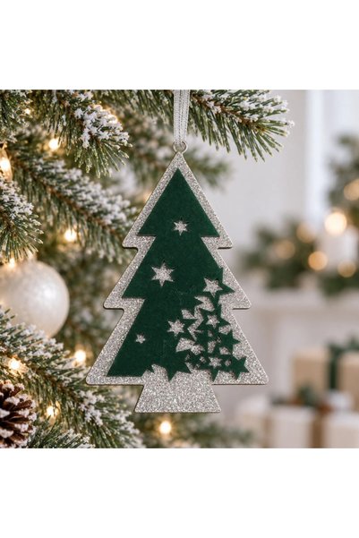 Belora Christmas Tree Ornament Made of Velvet Green Wood with Silver Glitter ...