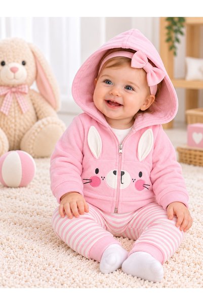 bebekyol طقم أطفال بناتي بتصميم أرنب وردي.