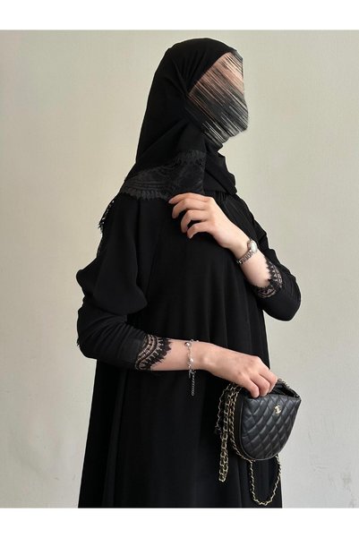 Softgirl عباية عملية كلوش بقماش كريب سيراميك وكم مطاط دانتيل بالطرف مع طؤرحة ...