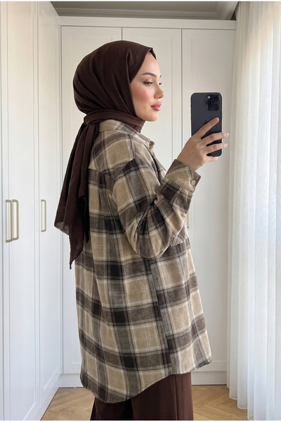 Kirazca Butik Women's Woodcutter Plaid Oversized Pocketed Modest Shirt Tunic