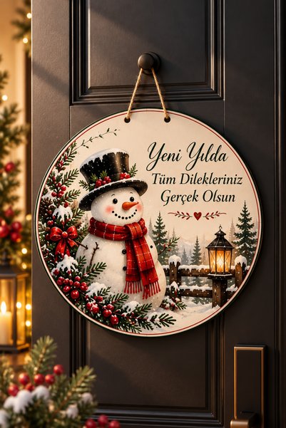NT Handmade New Year's Door Decoration, 30 cm, Snowman Design, Round MDF Door...