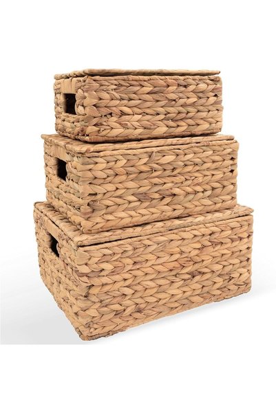 HOMODOSKEY Wicker Storage Basket with Lid, 3 pack Shelf Basket with Decorativ...