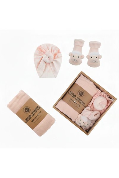 Bambimici 3-Piece Muslin Swaddle and Turban Hat Set - Pink