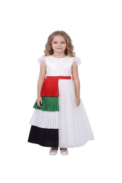 ddaniela 2-in-1 Girls UAE National Day Lace & Feather Dress with Detachable F...