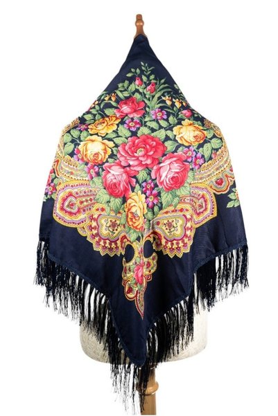 Bidani Traditional Brown Shawl – Pavlovo Posad Style with Paisley & Roses