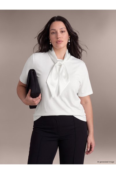 LC Waikiki LCW Curve White Jersey Short-Sleeved Women's Blouse with a Tie-Det...