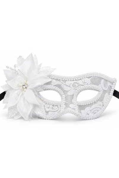 Toybox Women's White Lace Masquerade Eye Mask with Feather for Carnival Parties
