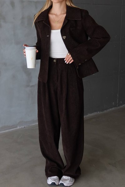 Ortaya Çık Velvet Blazer and Palazzo Pants Set