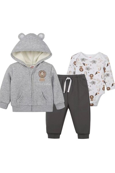 Bambimici Baby Little King Winter Hooded Outfit Set with Jacket, Bodysuit & P...