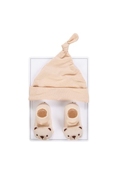 Bambimici Little Champ Baby Knot Hat & Teddy Bear Socks Set - Beige