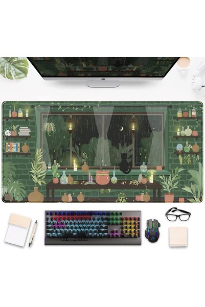NALACAL Kawaii Anime Black Cat Desk Mat - Large Aesthetic Mouse Pad with Moon...