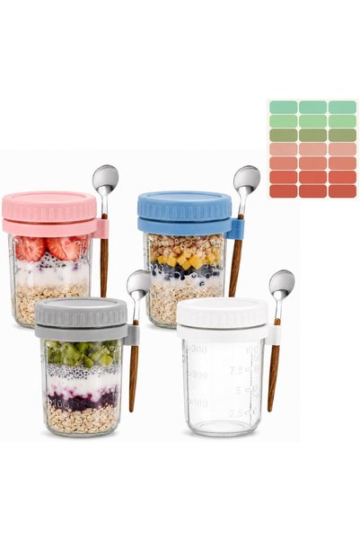 GENERAL 4 Pack Overnight Oats Jars with Lids & Spoon, 350ml