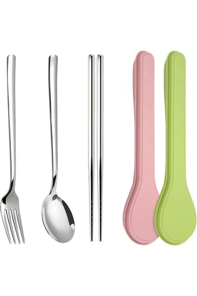 AZONEE 2-Pack Stainless Steel Travel Cutlery Set - Chopsticks, Spoon & Fork w...