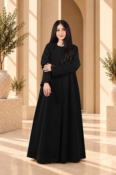 Abayat Lareen عباية كتان سوداء بياقة وأزرار على الأكمام مع طرحة