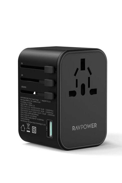 RavPower شاحن سفر متعدد المنافذ بقدرة 65 واط، مزود بمنفذين من نوع Type-C ومنف...