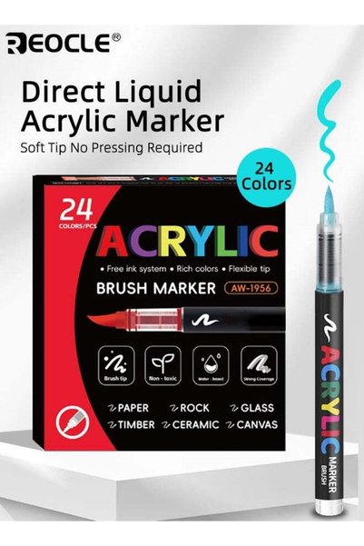 REOCLE 24 Colors Acrylic Paint Marker Pens Set with Soft Brush Tip for DIY Ar...