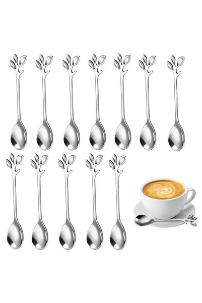 RATSAW 12 PCS Elegant Silver Leaf Coffee Spoons 4.9" Mini Stainless Steel Esp...