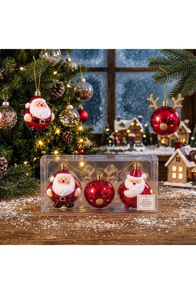 kt kuzey tacı Noel Baba Ve Geyikli Yılbaşı Ağacı Süsleme Seti, 3'lü Parlak Kırmızı Ve Karlı Dekoratif Yeni Yıl Süsü