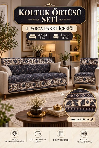 GECE MODA Çok Amaçlı Koltuk Örtüsü,Çekyat Örtüsü Seti Kaymaz süngerli 3,3,1,1