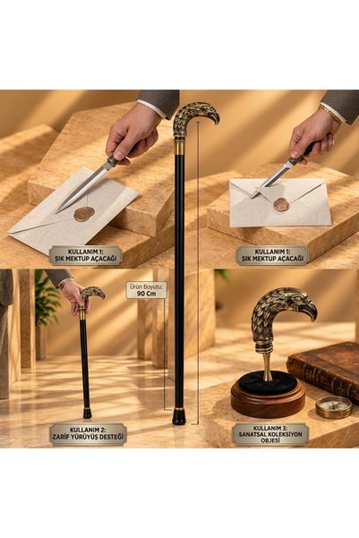 kt kuzey tacı Kartal Başlıklı Gizli Dekoratif Baston, 90 cm Antik Gümüş Ve Altın Sarısı Detaylı Aksesuar Hediyelik