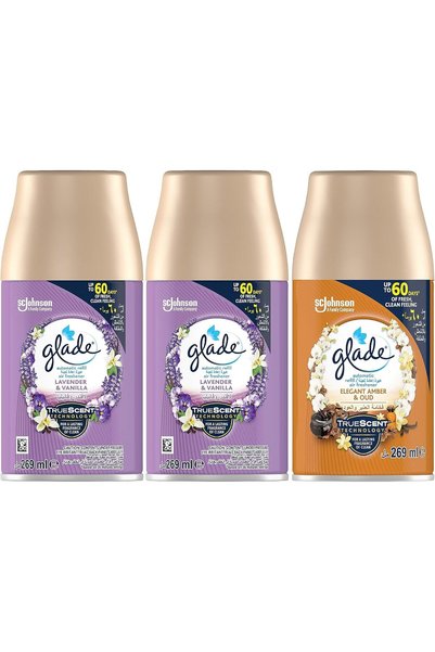 Glade Automatic Spray Refill 2 x Lavender & Vanilla & 1 x Amber & Oud Air Fre...