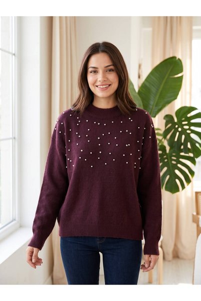 GP STONE EMBELLISHED KNIT T-SHIRT, BURGUNDY