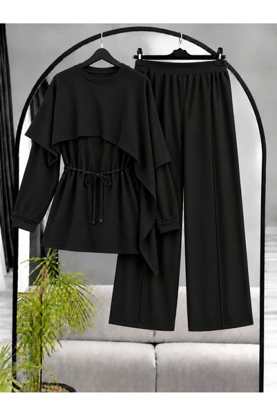 Hepsi Moda Asymmetrical Cape and Pants Suit - 3492 - Black