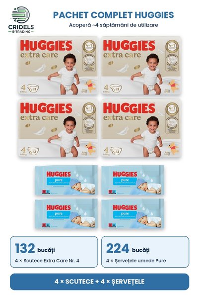 Huggie Pachet Promo HUGGIES: 4x Scutece Extra Care Nr 4 (132 buc) + 4x Șerveț...