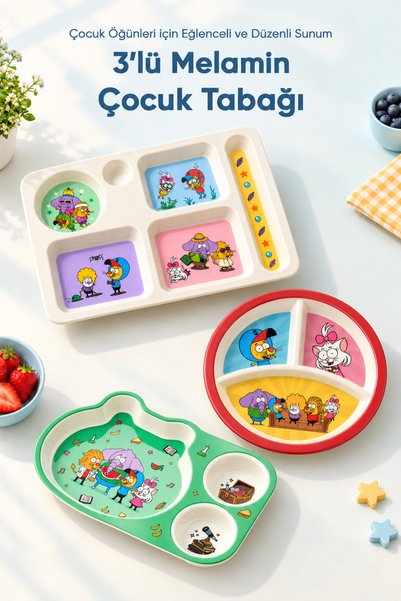 Wumboo Lisanslı Kral Şakir Figürlü 3'lü Melamin Çocuk Tabağı - Ekstra Dayanıklı BPA Free Beslenme Seti- Kırılmaz Çocuk Beslenme Tabağ-3'lü set -Kırmızı