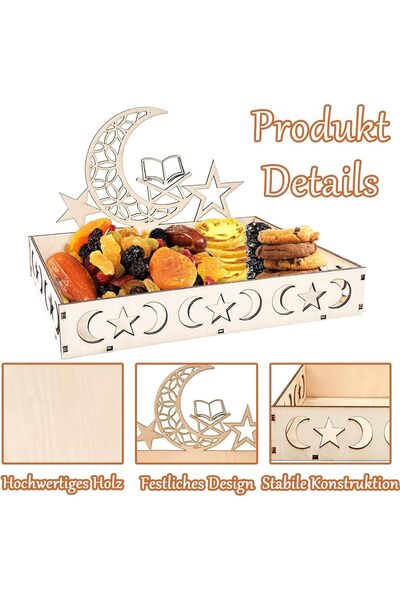 Slasa Wooden Ramadan Tray Moon & Star Eid Mubarak Table Decoration Plate Swee...
