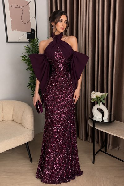 Barly فستان سهرة طويل باللون العنابي الغامق، مزين بالترتر اللامع بدرجات العنابي