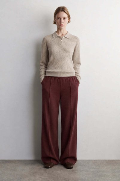 UNIQVIBE Women's Beige Knitted Polo Collar Sweater Made of Wool