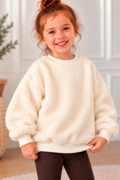 BAHNUR Unisex Kids' CREAM PELUJ Sweatshirt with Ribbed Collar, Sleeves, and C...