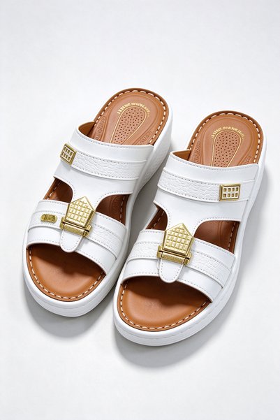 Hayyin Mart Arabic Style Unisex Genuine Leather Slippers Textured Strap Alloy...