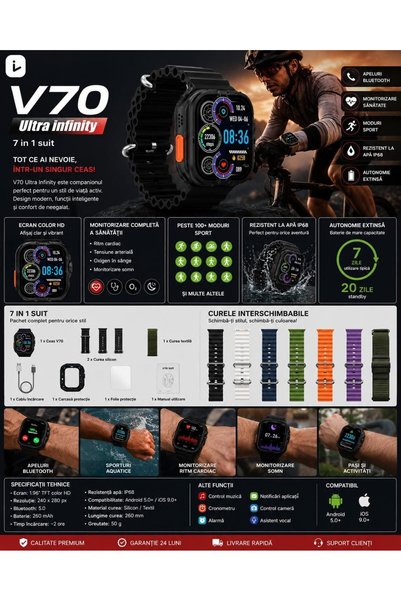 ULTRA Smartwatch V70 Infinity – Set with 7 Interchangeable Multicolored Strap...