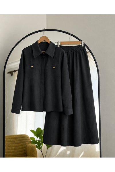 Hepsi Moda طقم تنورة مخططة ذات جيبين - 25157 - أسود