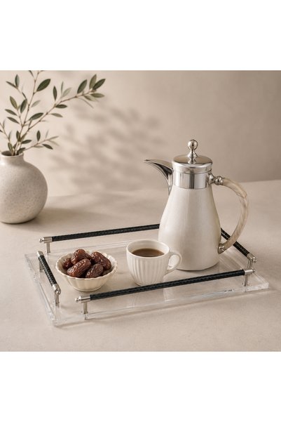 ELEGANT HOME صينية أكريليك فاخرة بمقابض جلد – مقاس 50 × 32 سم