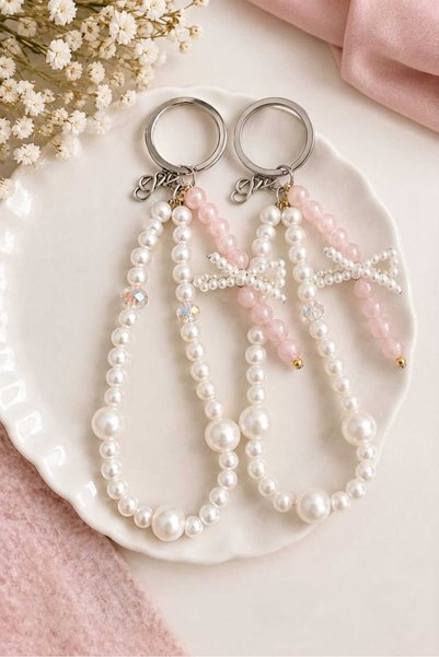 Sublime Butik Shiny Keychain with a Mini Bow Detail and Pink and White Pearl ...