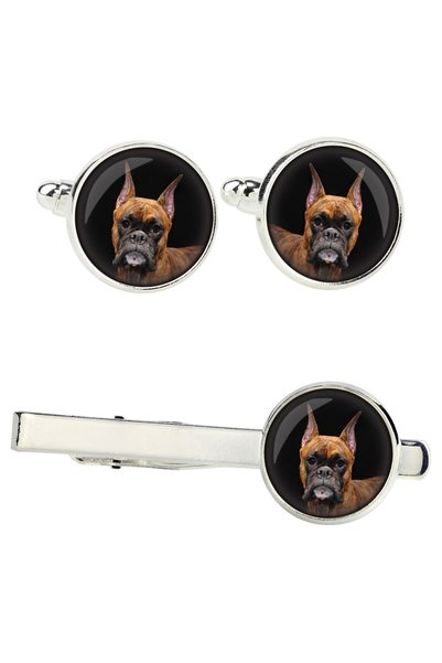 Art - Dog Art-Dog Boxer - Set de butoni de manșetă și agrafă de cravată cu fo...