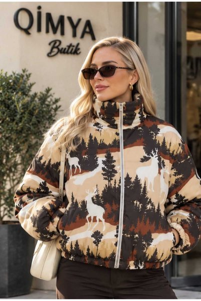QİMYA BUTİK LEVURE Women's Mock Neck, Waist-Defining, Balloon-Cut, Deer-Print...