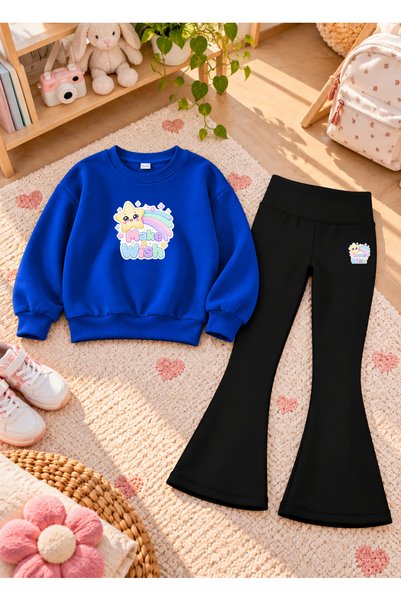 LORVEX Girls' Flared Leggings Set with Printed Crew Neck Sweatshirt—3-Ply Bru...