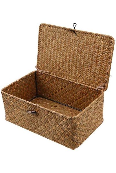 Generic Wicker Storage Basket Woven Rattan Storage Box With Lids Seagrass Lau...