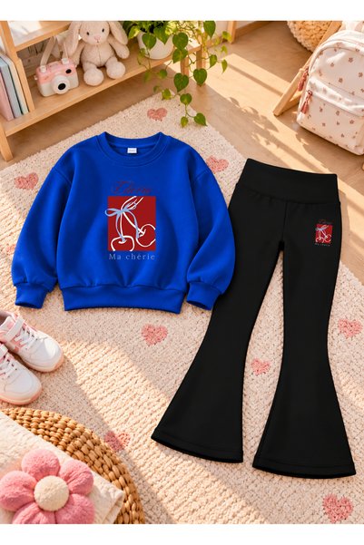 LORVEX Girls' Flared Leggings Set with Printed Crew Neck Sweatshirt—3-Ply Bru...