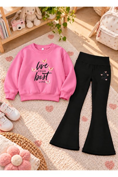 VODEXA Girls' Flared Leggings Set with Crew Neck Printed Sweatshirt—3-Ply Bru...