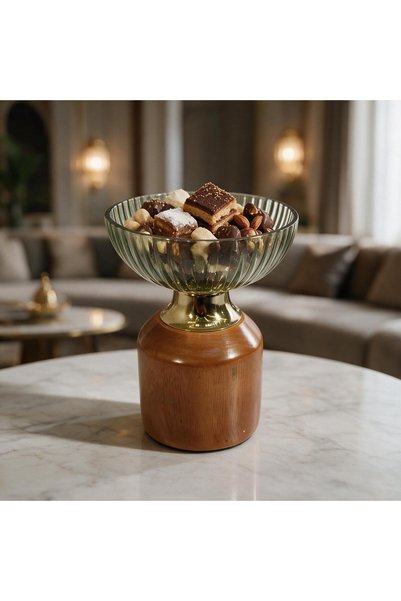 Generic Brand صحن هندى زجاج اخضر زيتونى بقاعدة خشب