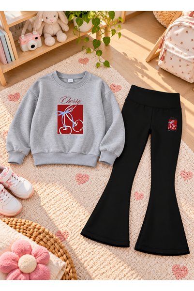 LORVEX Girls' Flared Leggings Set with Printed Crew Neck Sweatshirt—3-Ply Bru...
