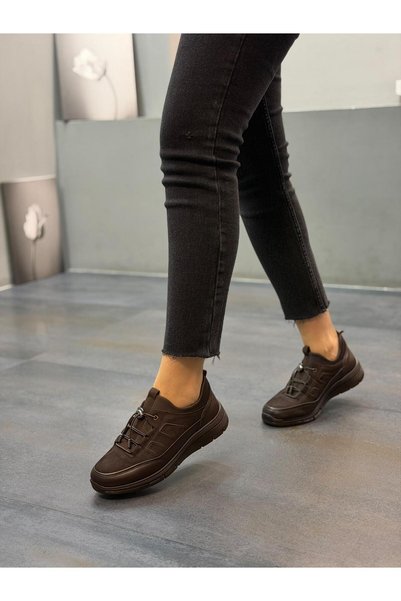Diva Ayakkabı KAHVE Women's Leather Stretch Fabric Casual Shoes